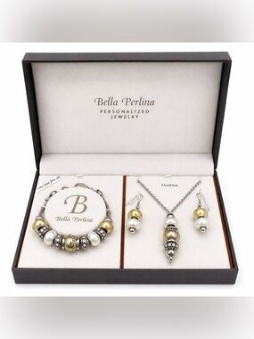 Bella Perlina Jewelry Set Bracelet Necklace Earrings Gold Silver Pearl Gift Box